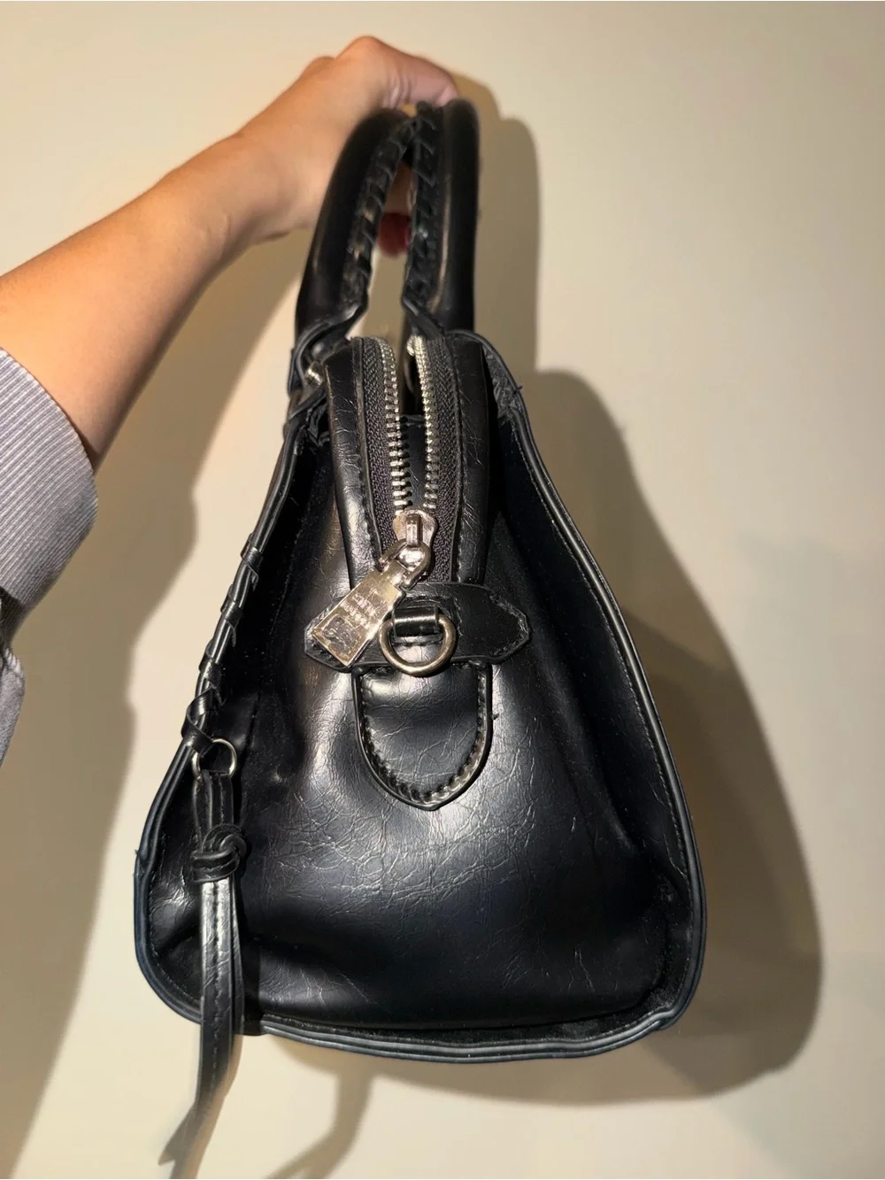 Steve Madden Black Leather Satchel with Silver Hardware